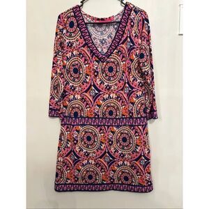 Macbeth Collection by Margaret Josephs Boho Printed Dress Size M V-Neck 3/4 Slee